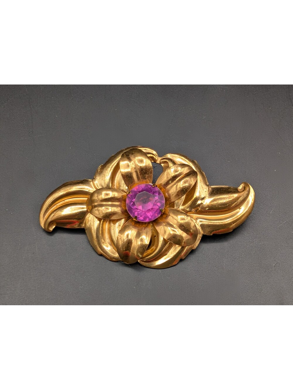 Vintage MCM Gold Tone Flower Brooch Pink Purple Rhinestone Floral Pin 2.75"